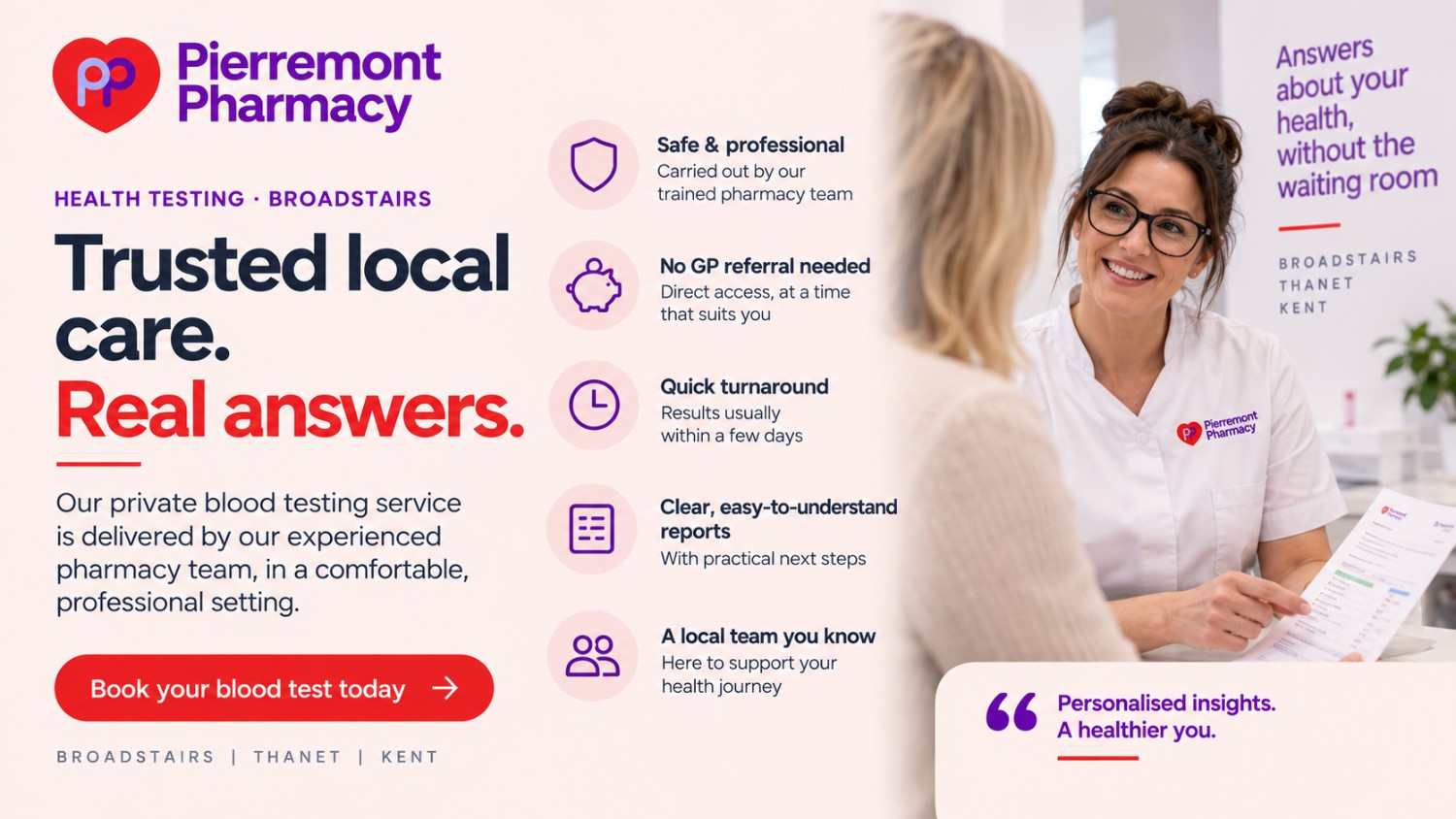 Private blood testing at Pierremont Pharmacy in Broadstairs with pharmacy team Private blood testing at Pierremont Pharmacy in Broadstairs with pharmacy team